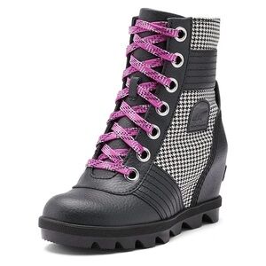Sorel Boots Lexie Wedge Houndstooth Leather Black Winter Waterproof Bootie